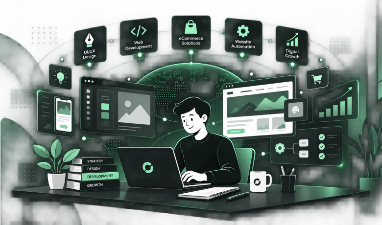 Illustration of a designer surrounded by connected design, development and automation tools